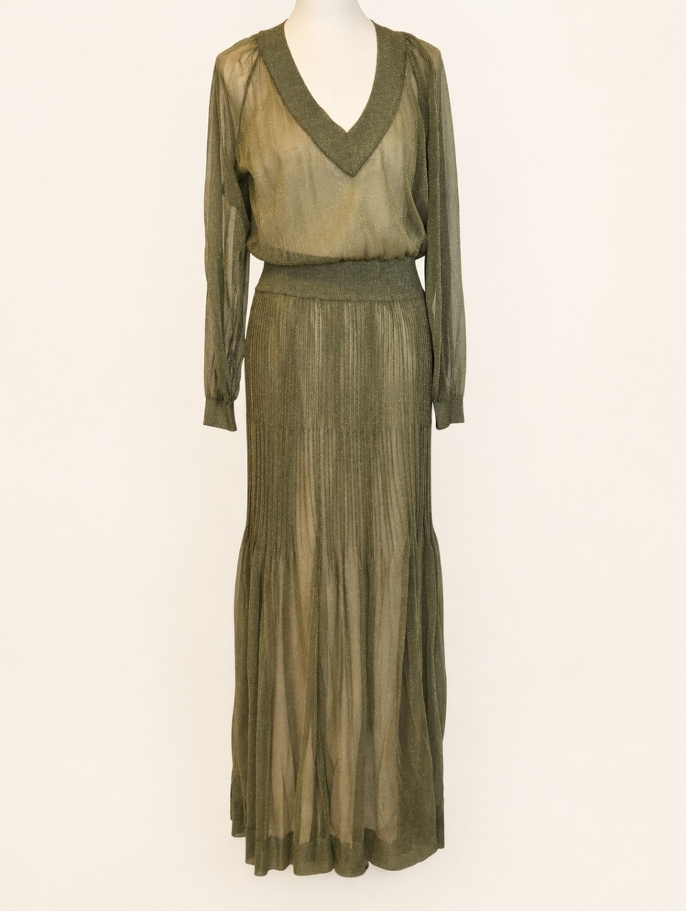 Missoni Olive Green Metallic Pleated Maxi Dress With Lurex Designer MSRP $4130 - Picture 3 of 16